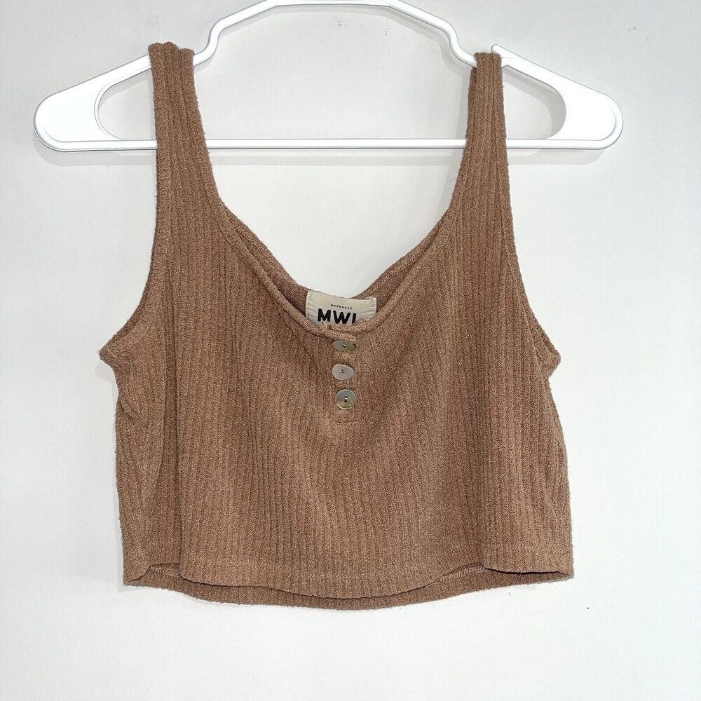 Madewell MWL Large Sleeveless Ribbed Knit Square Neck Henley Crop Tank Top Brown
